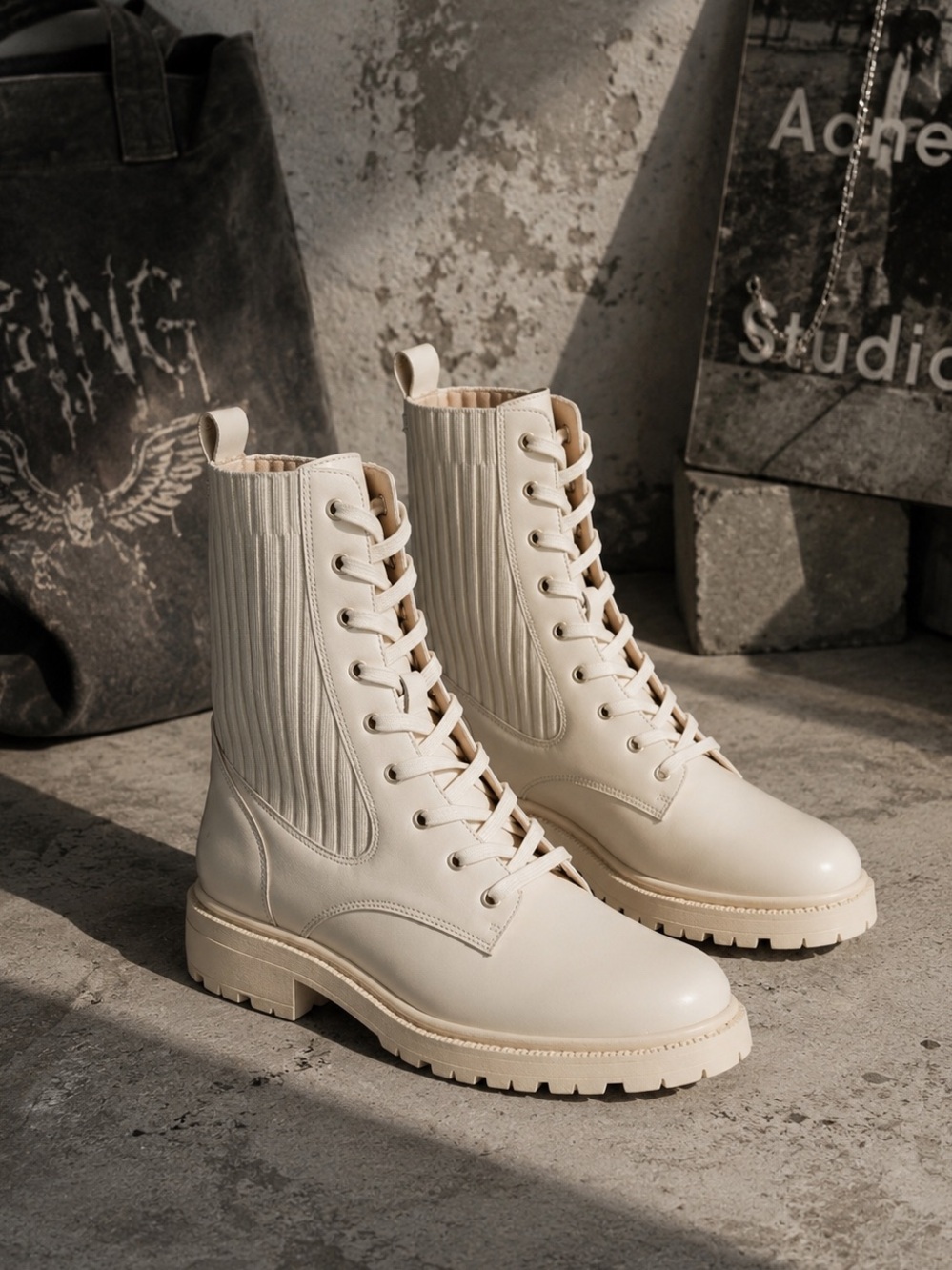 SAM EDELMAN Lydell Mix Media Combat Boots Ivory Lace-Up Boots Womens Size 8